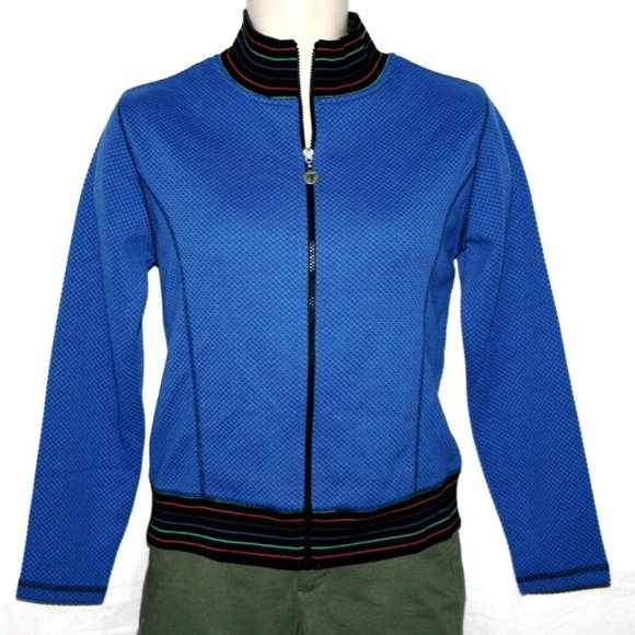 IACTIVE PETITE Textured Performance Jacket. Blue & Multicolor trim. Full zip PM - Picture 2 of 6